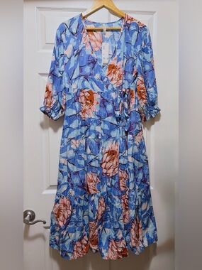 Urban Outfitters Floral Wrap Midi Dress in Blue and Peach
